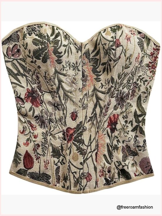 Tops - Women's Vintage Bustier Corset Top Floral Lace Up Strapless Boned Crop Tube Top